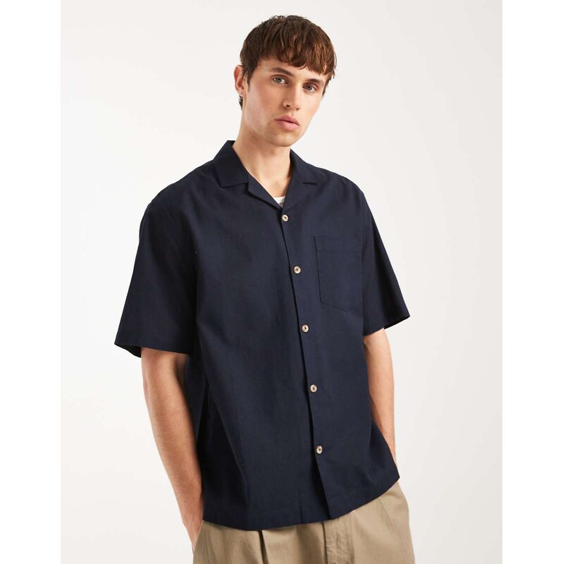 ASOS DESIGN relaxed revere linen shirt in navy