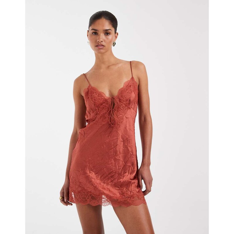 ASOS DESIGN cami crinkle satin tie front mini dress in rust