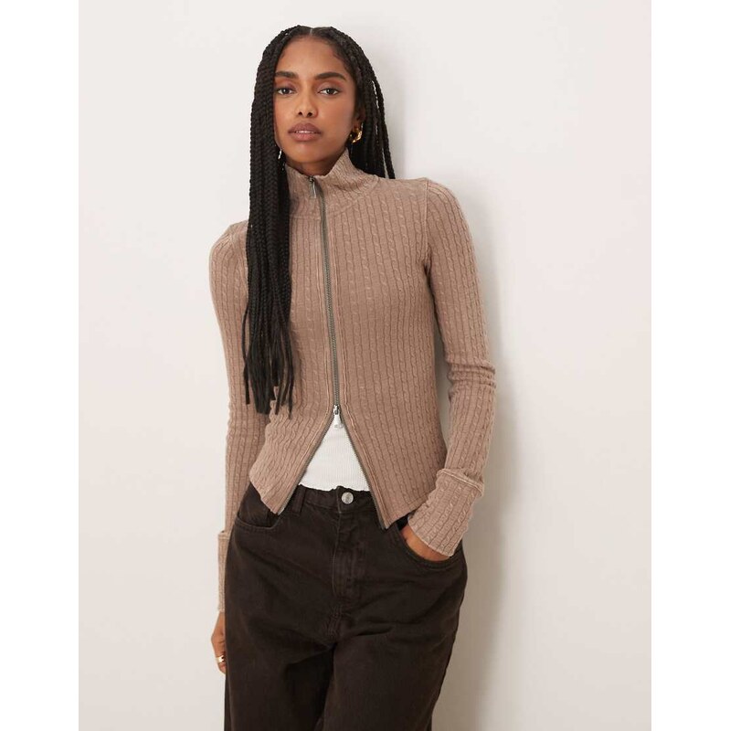 Free People brunch girl long sleeve zip up cardigan in dusted cocoa 115624309