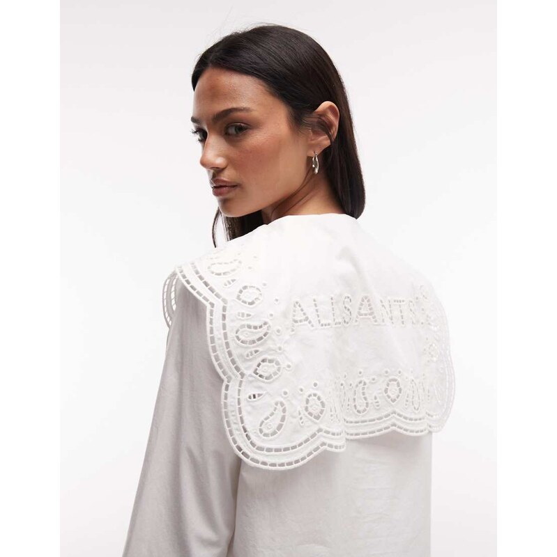 AllSaints Marie long sleeve broderie lace shirt in white 115624408