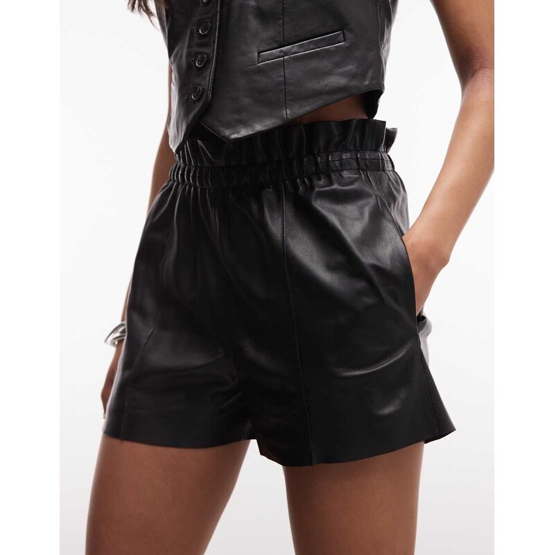 AllSaints Fran co-ord elasticated lambs leather shorts in black