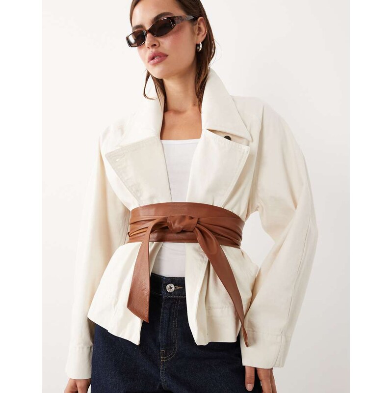 Mango starring Hailey Bieber 100% leather oversized tie waist belt in 115624431