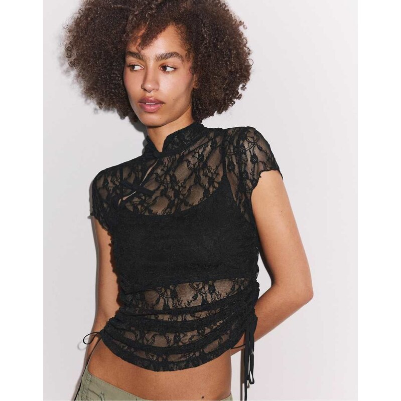 Stradivarius Short sleeve qipao style t-shirt in black 115624436