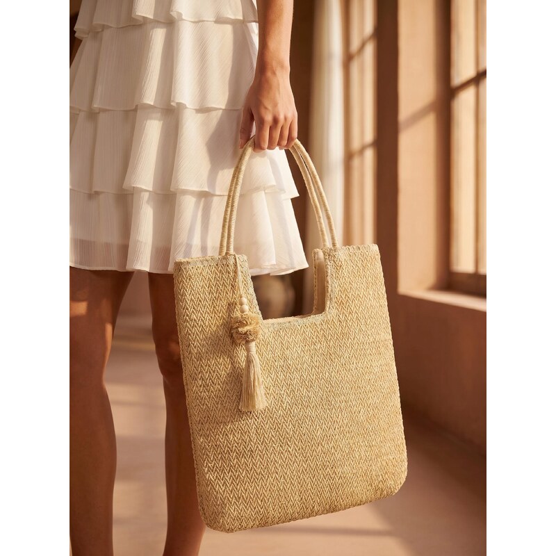Sinsay - Large woven shoulder bag with charm - krémová 115378249