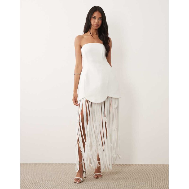 ASOS LUXE bandeau dress with fringe skirt detail in white 115631394