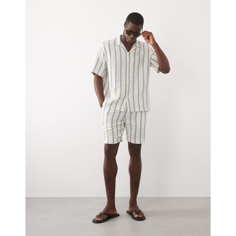 Selected 100% cotton co-ord textured short in blue stripe