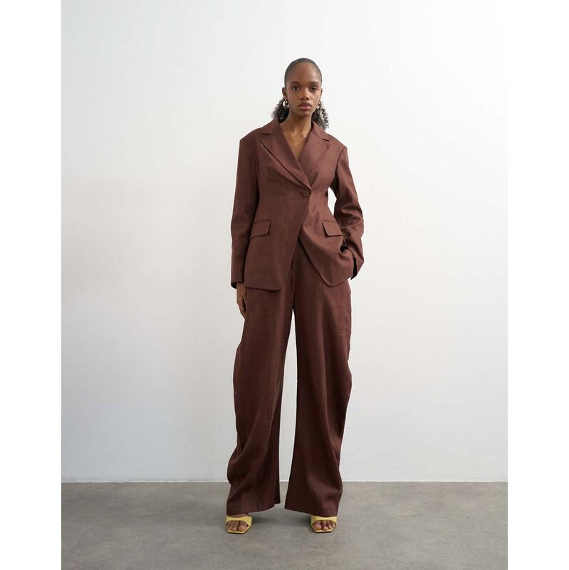 Topshop linen blend co ord occasion barrel leg trouser in chocolate 115631398