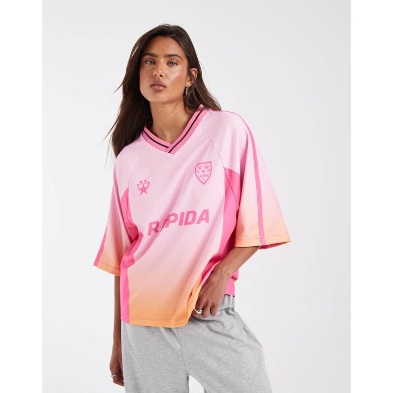 ASOS DESIGN oversized v neck football t-shirt in pink and orange