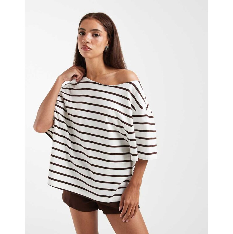 ASOS DESIGN slouchy off shoulder oversized tee choc & cream