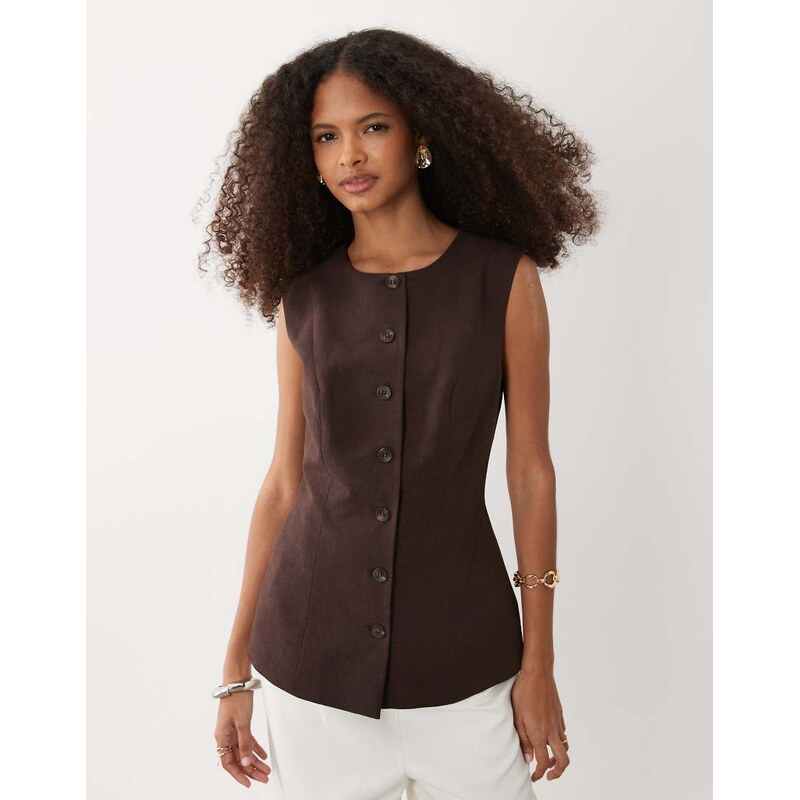 ASOS DESIGN linen blend sleeveless button down top in chocolate