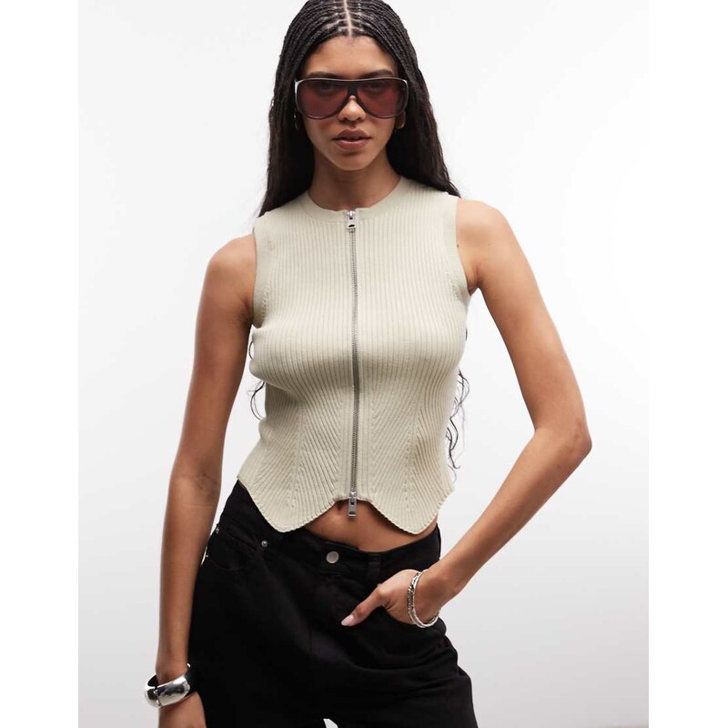 AllSaints Cruz sleeveless zip rib knit waistcoat top in green 115631444