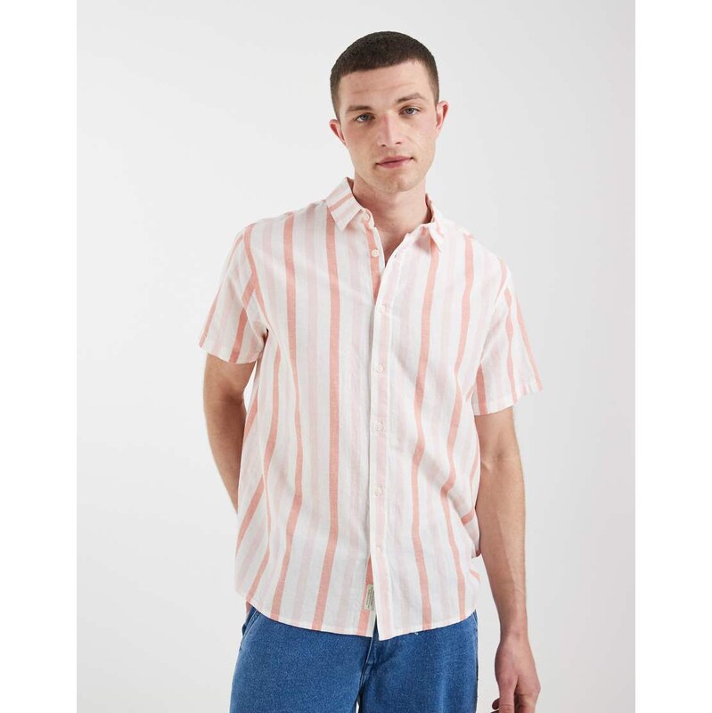 BLEND cotton linen regular fit shirt in peach stripe-Pink
