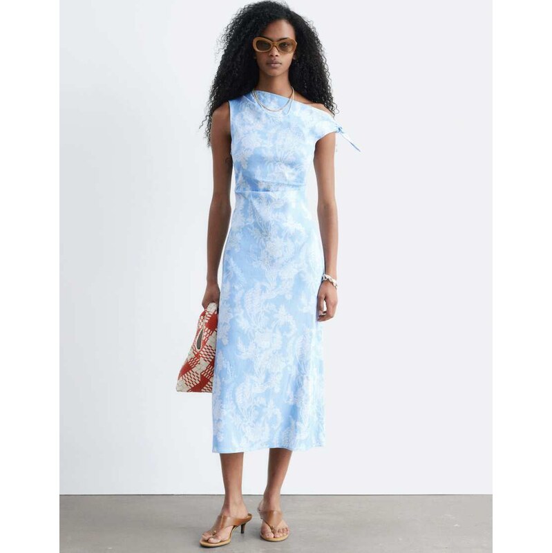 & Other Stories rich linen asymmetric boatneck midi dress in