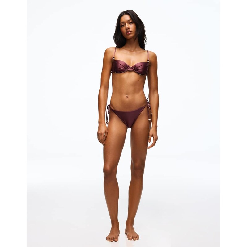 Bershka Satin bikini bottoms in burgundy-Red 115631480