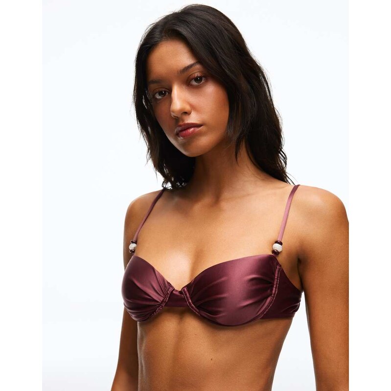 Bershka Satin underwired bikini top in burgundy 115631482