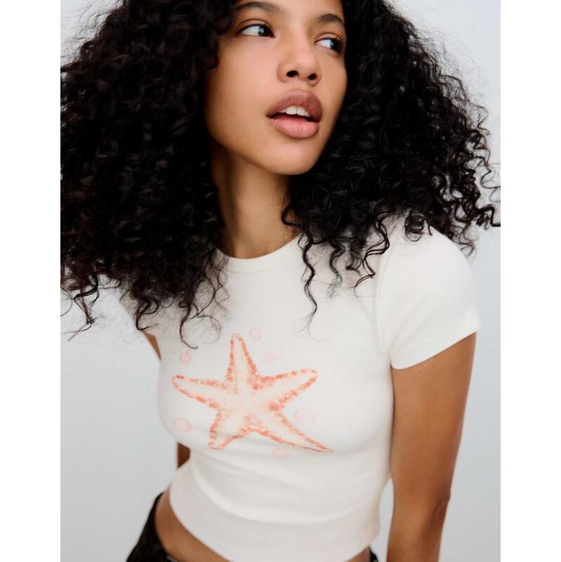 Bershka Short sleeve sequin print t-shirt in white