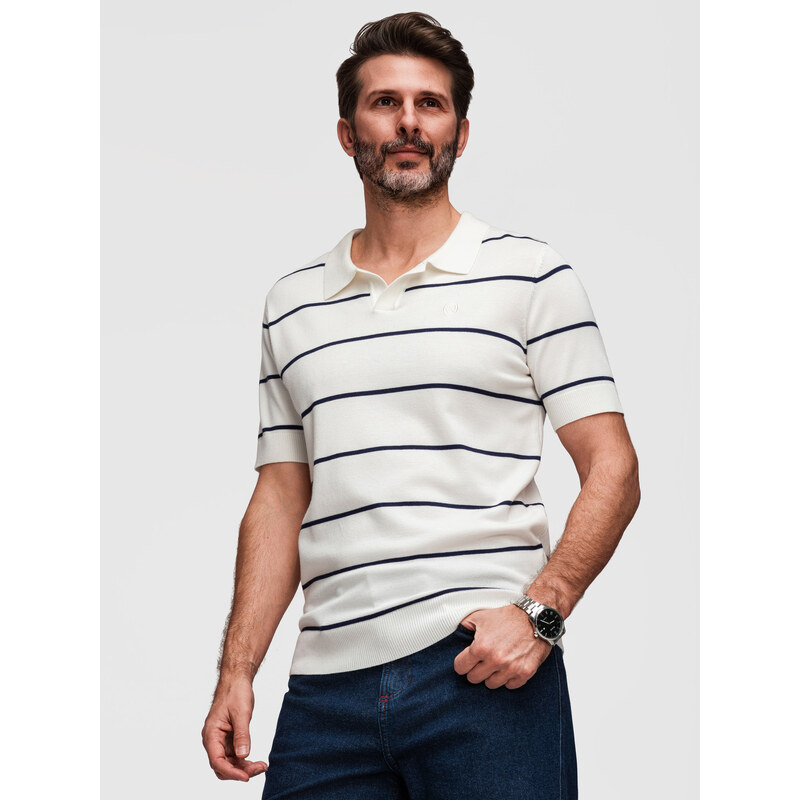 Ombre Mens horizontal striped viscose polo shirt - white and