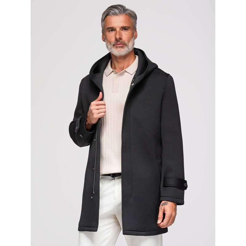 Ombre Mens minimalist medium length coat with hood - black
