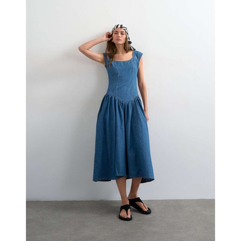Topshop denim drop waist midi dress in indigo rinse-Blue 115715523