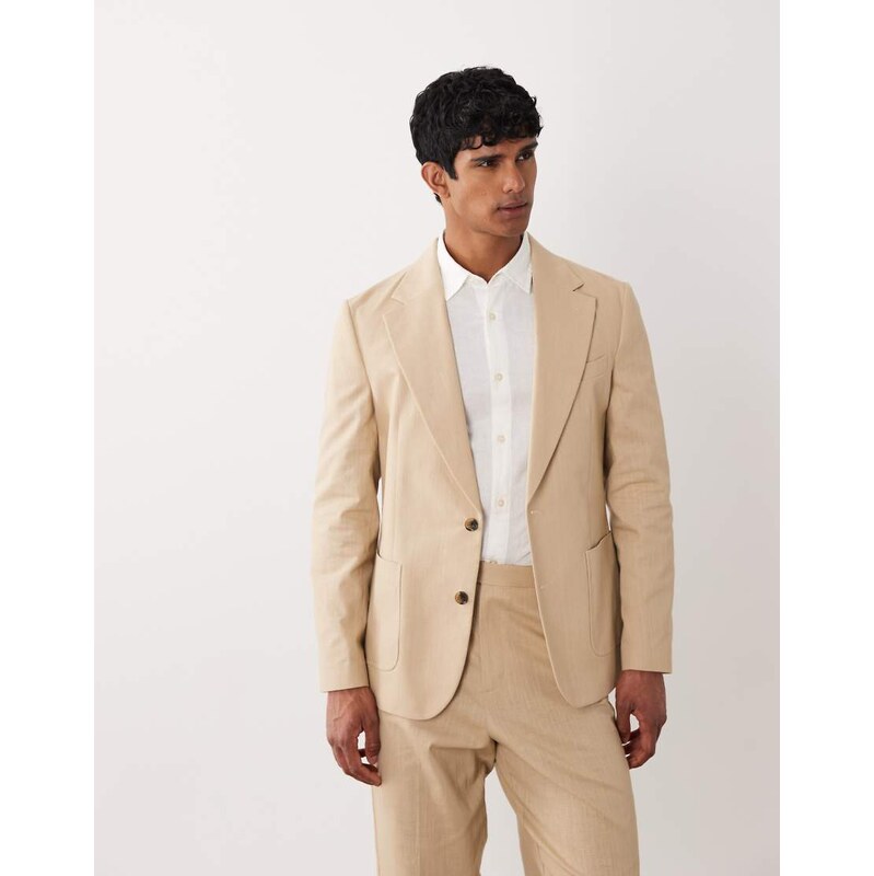 ASOS DESIGN slim fit suit blazer in stone slub texture-Neutral