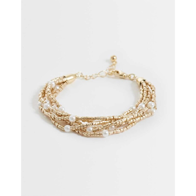 ASOS DESIGN multi-row bracelet with bead and faux pearl design in gold 115740827
