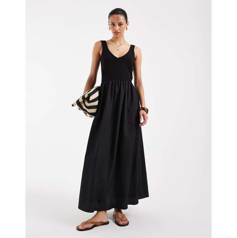 Vero Moda jersey and poplin mix sleeveless maxi dress in black