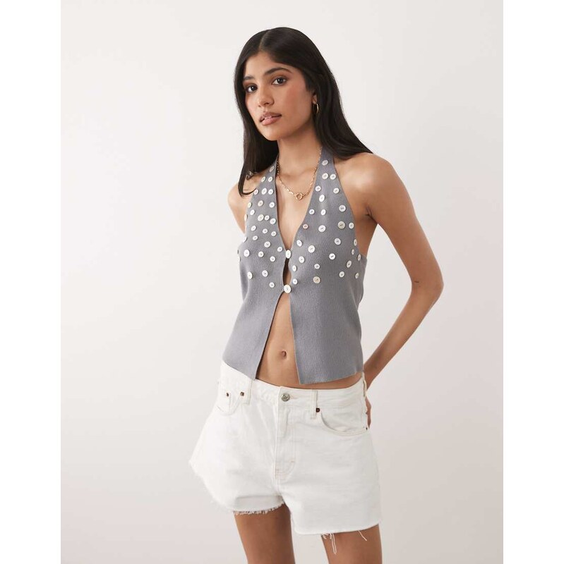 Mango button embellished halter neck knitted vest top co-ord in