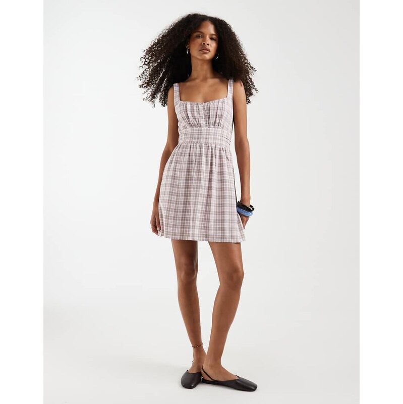 Hollister scoop neck a line mini dress in brown gingham 115740931