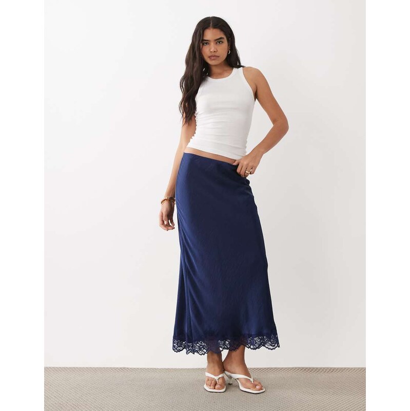 Abercrombie & Fitch lace hem satin maxi skirt in navy blue 115730928