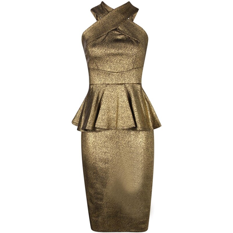 BOOHOO Metalicky zlaté peplum šaty Megan