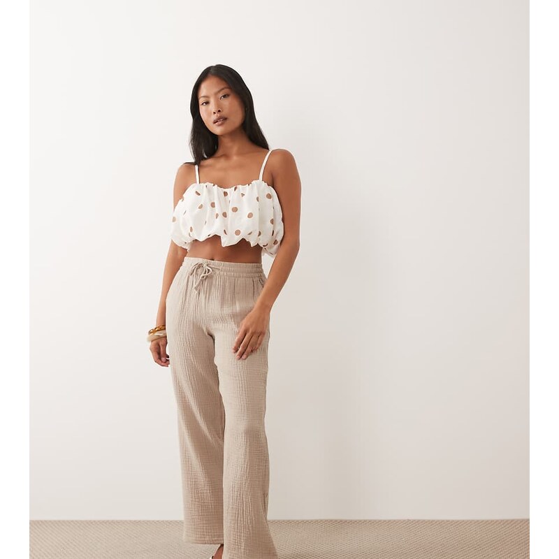 JDY Petite wide leg cheesecloth trousers in beige-Neutral