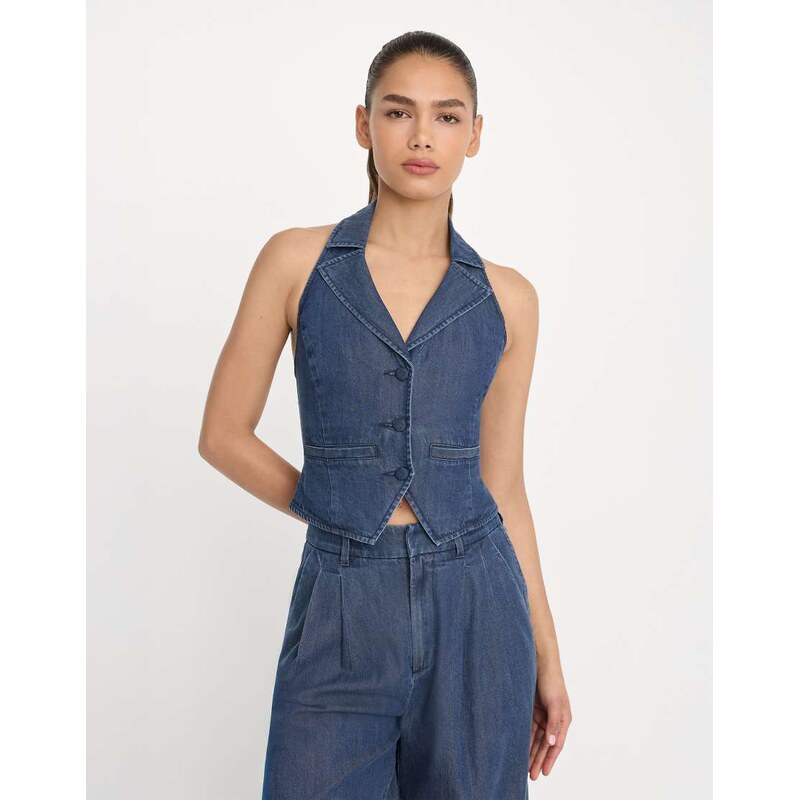 Good American denim luxe suiting halter neck waistcoat co-ord in 115634206