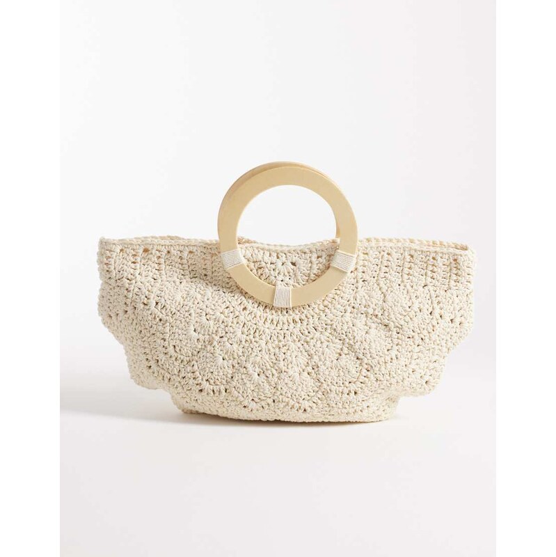 South Beach crochet clutch bag with wooden handle in cream-Neutral 115634186