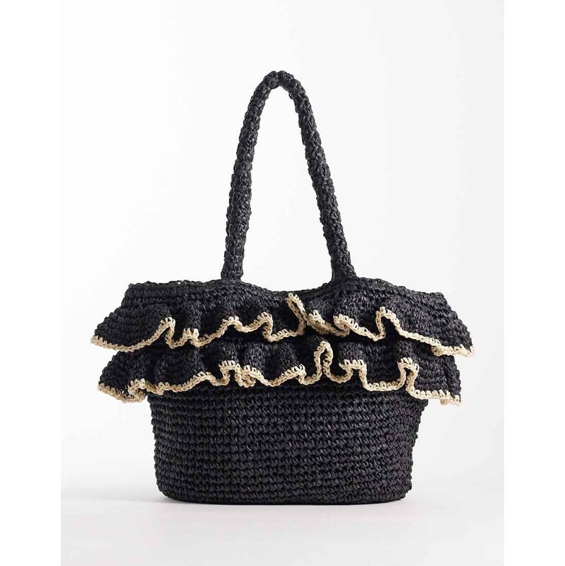 South Beach top handle straw bag with ruffle detail in black