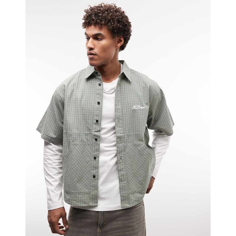 XLARGE check double checked short sleeve shirt with kangaroo
