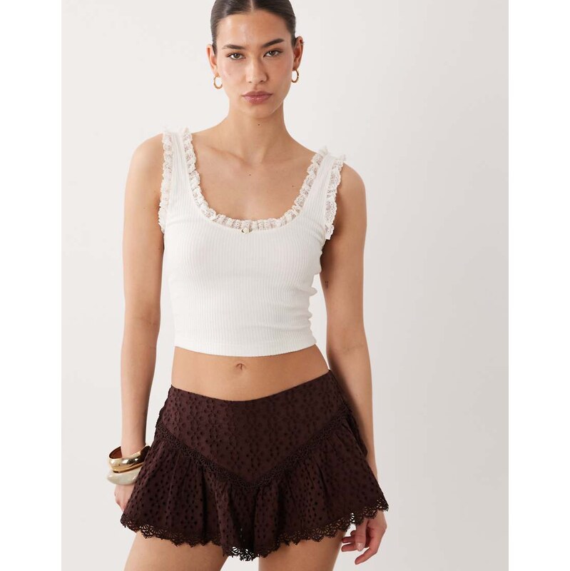Miss Selfridge ribbed vest top with lace detail in cream-White 115634211