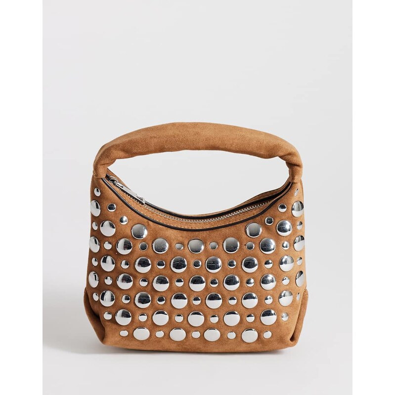 Topshop Juno small studded grab bag in tan-Brown
