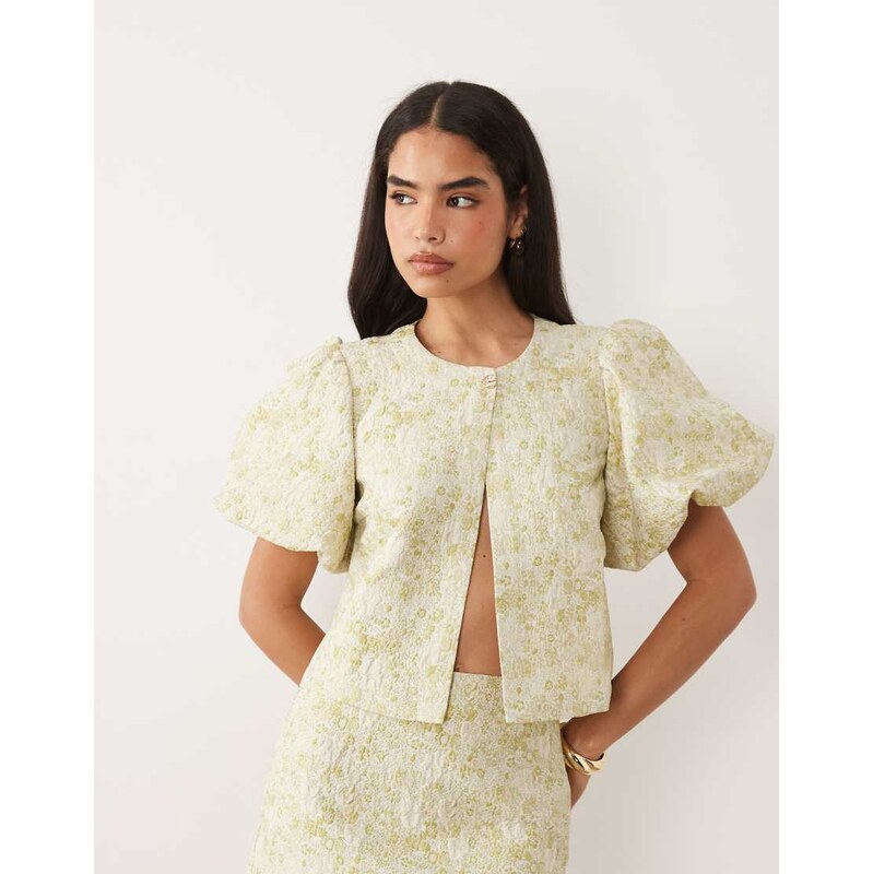Vila short sleeve tapestry floral jacquard top co-ord in smoke