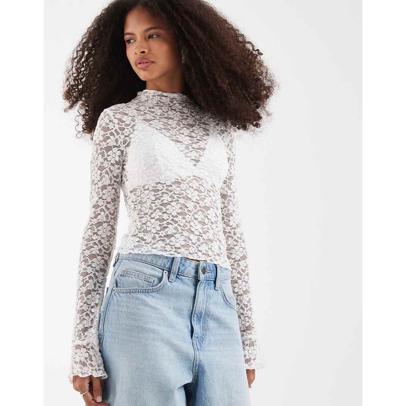 Motel Beerus long sleeve mock neck lace top in cream-White 115634351