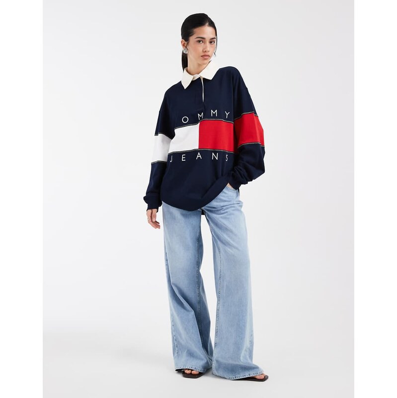 Tommy Jeans flag oversized rugby shirt in navy 115634390