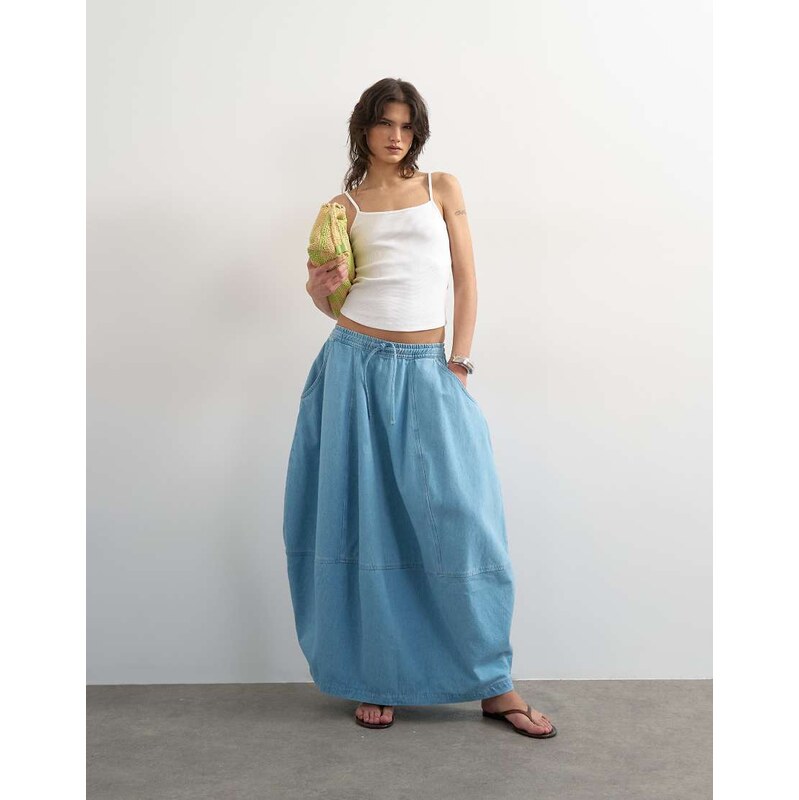 Topshop denim pull on barrel maxi skirt in bleach-Blue