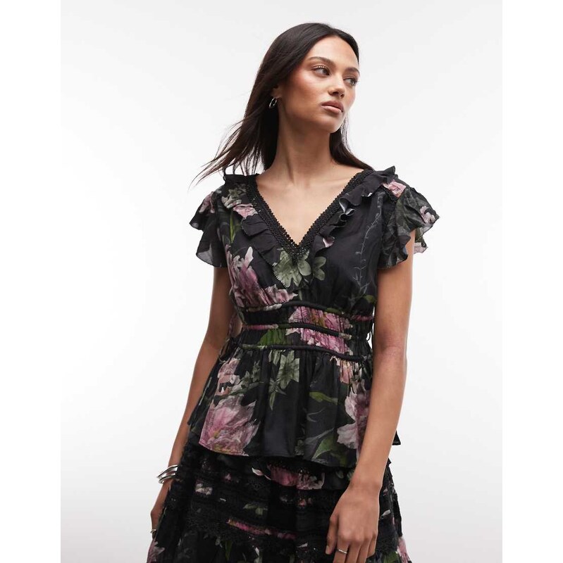 AllSaints Canto co-ord thrilly lace ruched floral top in black