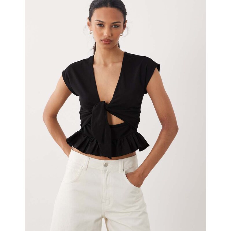 ASOS DESIGN tie front cutout top with peplum hem in black