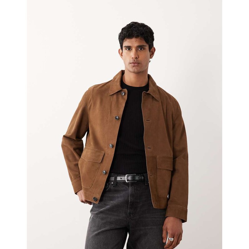 Mango 100% leather button up jacket in tan-Brown