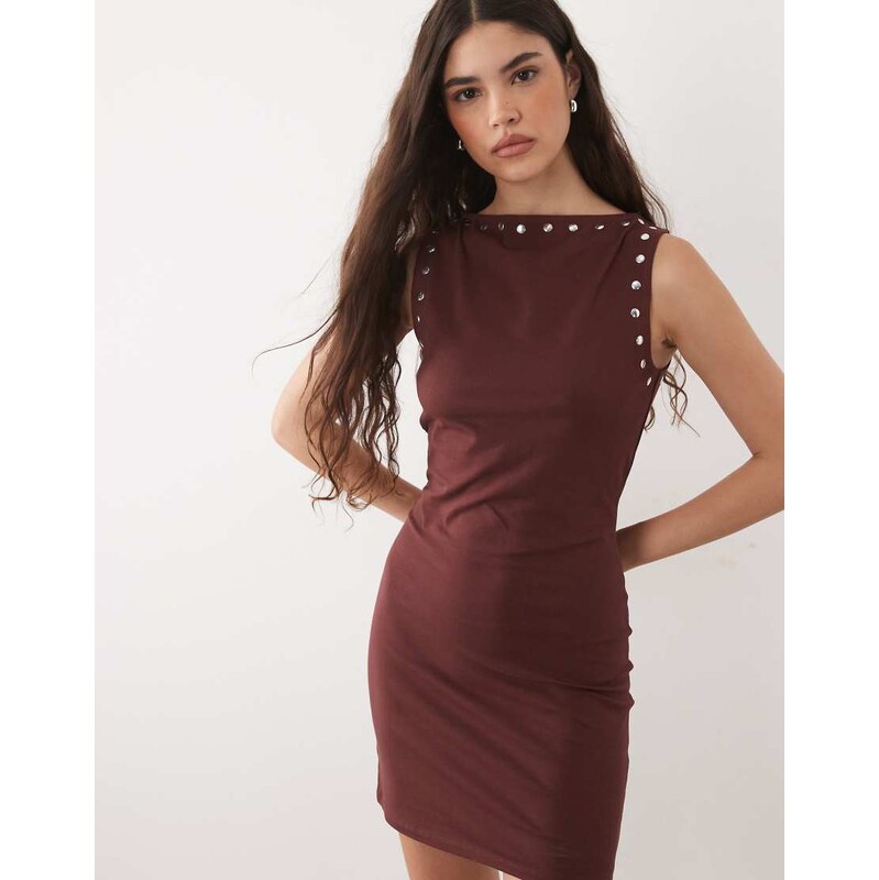ASOS DESIGN sleeveless mini dress with stud details in chocolate