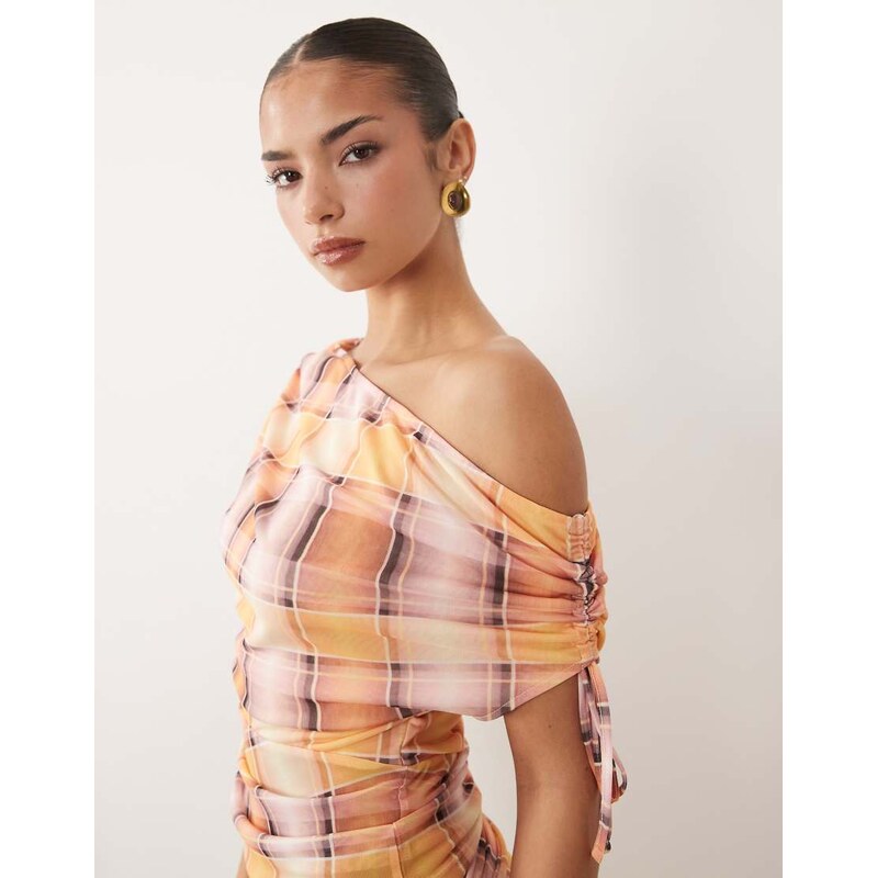 ASOS DESIGN co-ord printed mesh ruched shoulder cinched waist top in 115634483