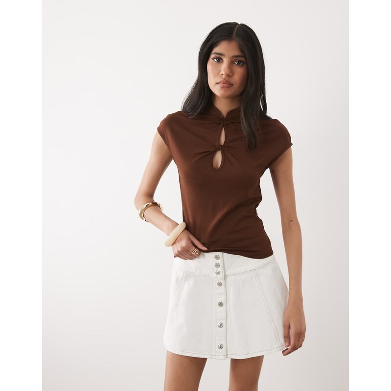Miss Selfridge knot detail top with mandarin collar in chocolate brown 115634484