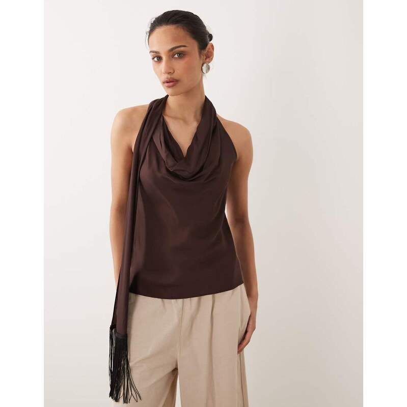 Mango halter cowl neck top in brown 115634491
