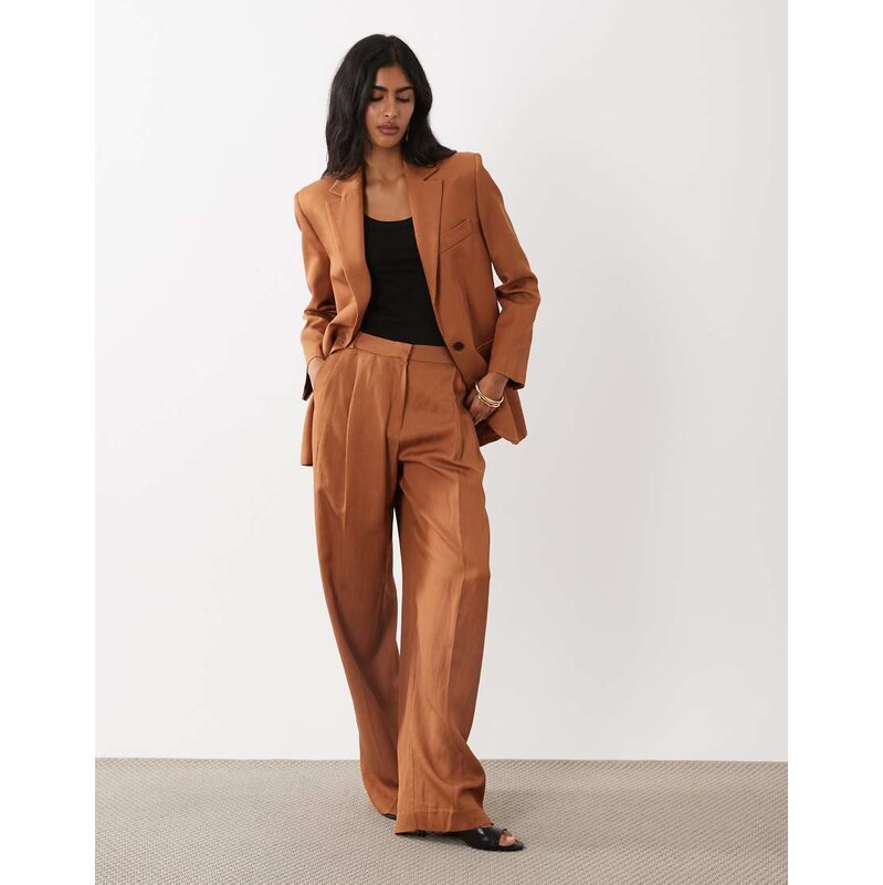 Mango Minesota linen mix tailored trouser co-ord in rust-Copper