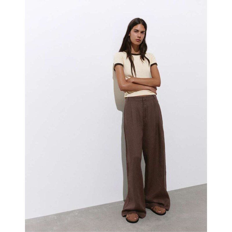 Pull&Bear Linen trousers with pleats in taupe-Grey 115634498